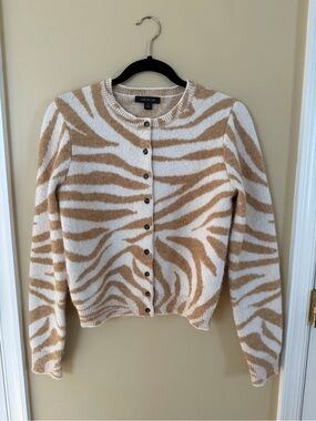 Ann Taylor Cream and Tan Zebra-Print Button Front Cardigan Sweater